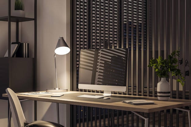 Vista lateral de un escritorio de casa de madera con una computadora moderna de pantalla en blanco con una lámpara que brilla intensamente por la noche en una maqueta de fondo interior moderna y acogedora Concepto de trabajo de Freelane y espacio de trabajo en el hogar Representación 3D