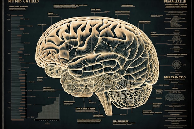 Vista lateral Esquema do cérebro humano em estilo de desenho retrô Belo vetor de ilustração colorida IA generativa