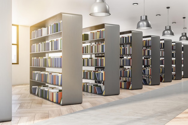 Vista lateral de los estantes de libros en el interior de la biblioteca moderna con lámparas cromadas en el piso superior de madera y concreto y renderizado 3D en el techo claro