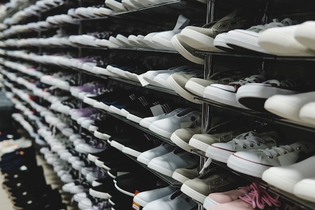 Vista lateral de los estantes de la zapatería con muchas zapatillas de deporte a la venta Compras de calzado cómodo de bajo presupuesto Zapatos de adolescente con estilo unisex Filas de nuevos corredores en la zapatería Puestos de zapatillas baratas