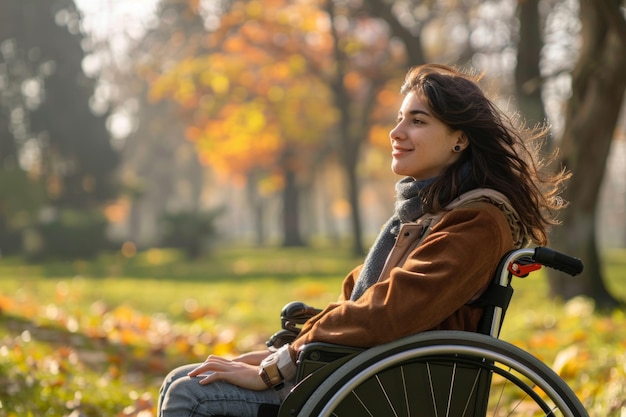 Vista lateral de una feliz mujer bonita discapacitada sentada en una silla de ruedas en el parque