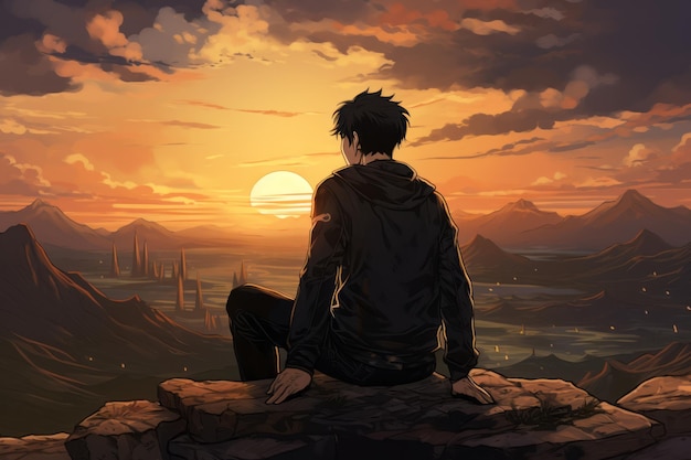 Vista lateral de fondo del chico de anime que está mirando la puesta de sol Hermosa imagen ilustrativa