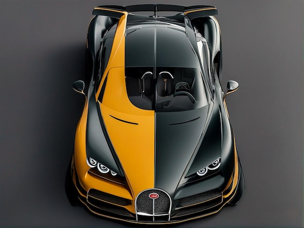 Una vista lateral frontal de un coche de lujo de color amarillo oscuro y negro