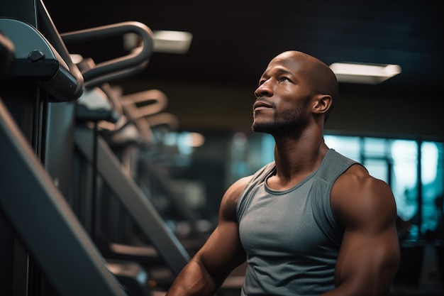 Vista lateral de un guapo hombre afroamericano mirando hacia otro lado mientras está de pie en el gimnasio