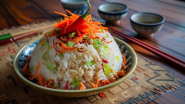 Vista lateral de la guarnición de arroz con cebolla frita, verduras de zanahoria y pimienta en la mesa
