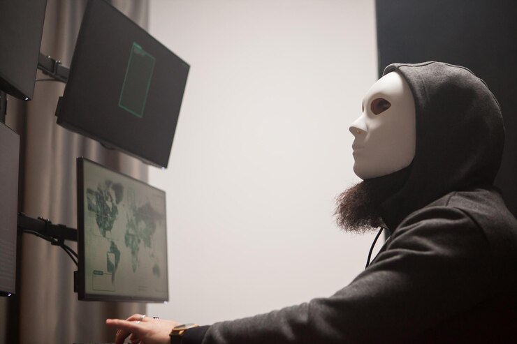 Foto vista lateral de un hacker enmascarado y peligroso usando una computadora con múltiples pantallas.