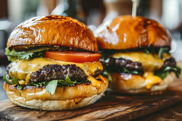 Vista lateral de una hamburguesa con carne de res, queso derretido y verduras en una tabla de madera