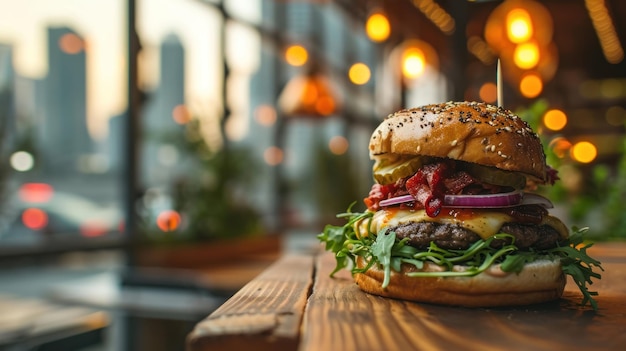 Vista lateral de una hamburguesa contra el telón de fondo del horizonte de la ciudad