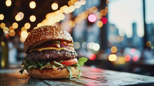 Vista lateral de una hamburguesa contra el telón de fondo del horizonte de la ciudad