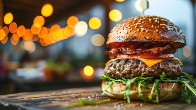 Vista lateral de una hamburguesa contra el telón de fondo del horizonte de la ciudad