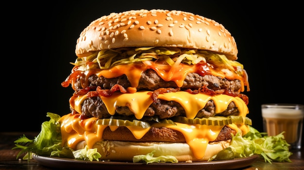 vista lateral hamburguesa doble con queso y hamburguesa con queso de ternera a la parrilla