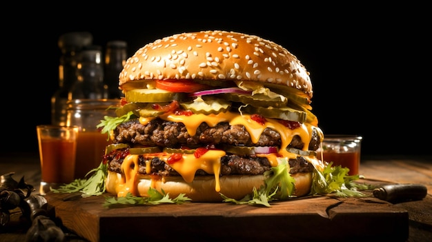 Foto vista lateral hamburguesa doble con queso y ternera a la parrilla