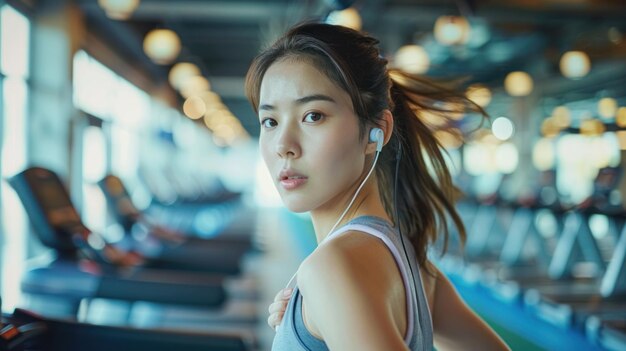 Vista lateral de una hermosa joven asiática corriendo en una cinta de correr y escuchando música a través de auriculares con un reloj inteligente para rastrear la velocidad durante el entrenamiento deportivo en el gimnasio