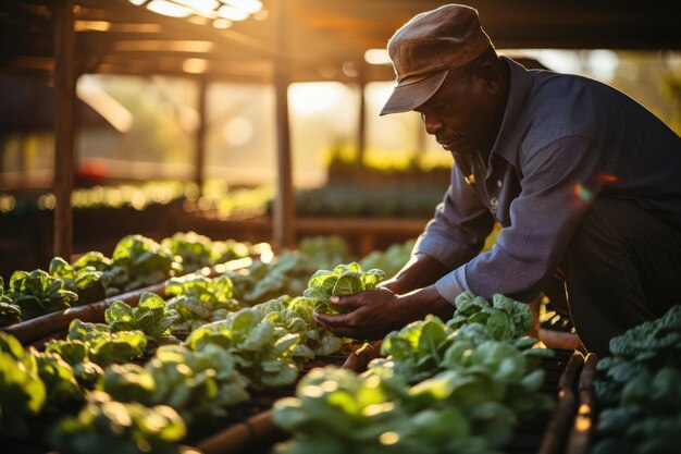 Vista lateral de un hombre adulto que cultiva repollo fresco orgánico y saludable en un invernadero