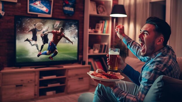 Vista lateral de un hombre animando en la televisión en casa con cerveza y bocadillos