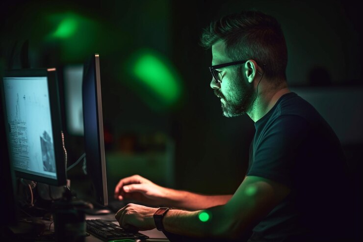 Foto vista lateral de un hombre elegante de unos treinta y medio años trabajando en su primer código desde la oficina en casa que