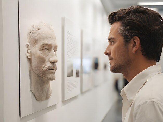 Vista lateral de un hombre mirando una escultura en una galería de arte