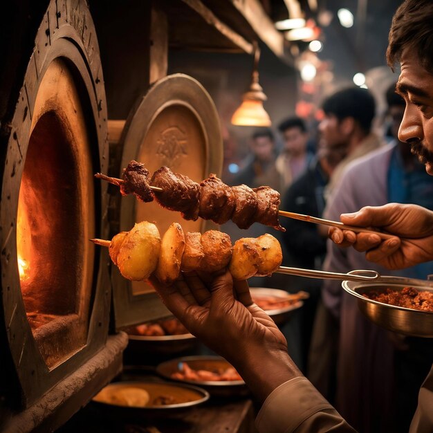 Foto vista lateral hombre sostiene carne de cordero frita en pinzas con patatas fritas en un horno tandoor