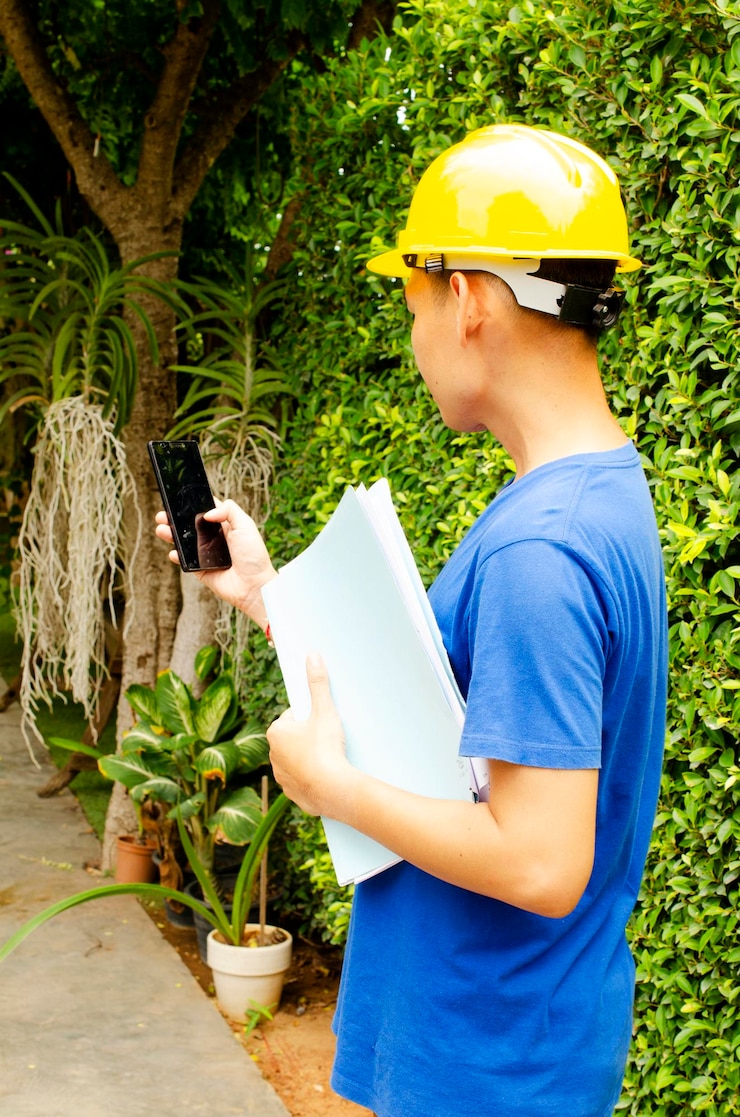 Foto vista lateral de un hombre usando un teléfono móvil mientras está de pie en las plantas