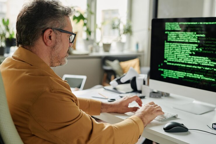 Foto vista lateral del ingeniero de ti masculino serio maduro escribiendo en el teclado de la computadora