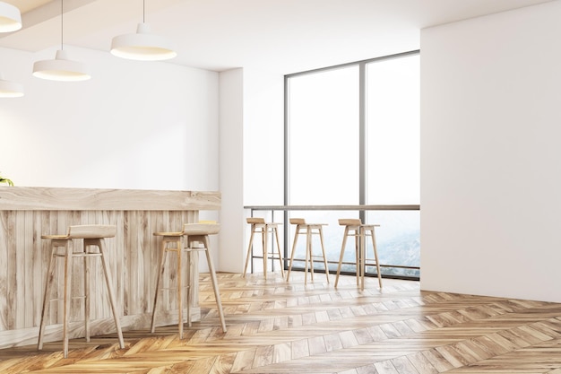 Vista lateral de un interior de bar blanco con un piso de madera, una barra de madera y filas de taburetes cerca de ella.