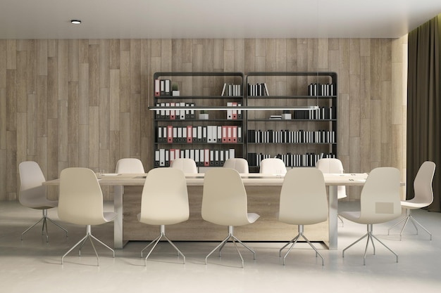 Vista lateral del interior de la oficina vacía moderna con piso de concreto, pared de madera y gran escritorio de reuniones y muebles Fondo de negocios y concepto de espacio de trabajo Representación 3D