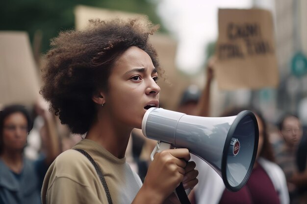 Vista lateral de una joven afroamericana con peinado afro en ropa casual demostrando con un megáfono en sus manos de pie en la calle y mirando hacia otro lado