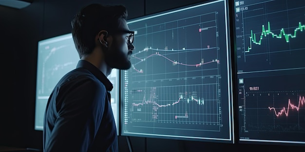 Vista lateral de un joven con anteojos mirando el monitor con un gráfico de divisas Ilustración generativa de IA