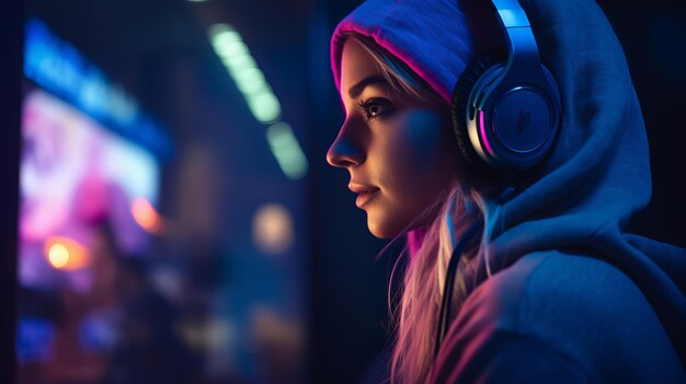 Vista lateral de una joven bonita que está adentro por la noche con auriculares