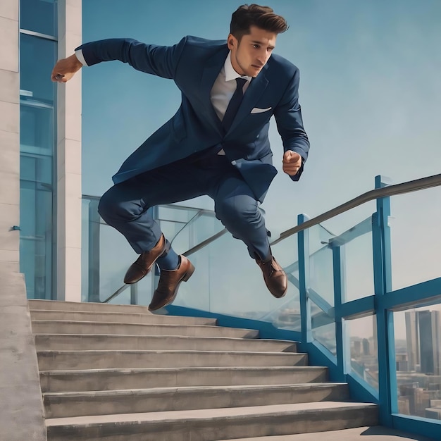 Vista lateral de un joven empresario saltando por las escaleras en fondo azul concepto de éxito y crecimiento