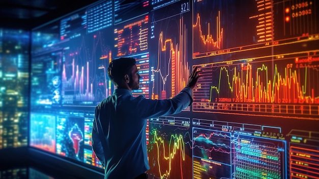 Vista lateral de un joven empresario serio en la oficina con un gráfico financiero en el monitor Generative ai