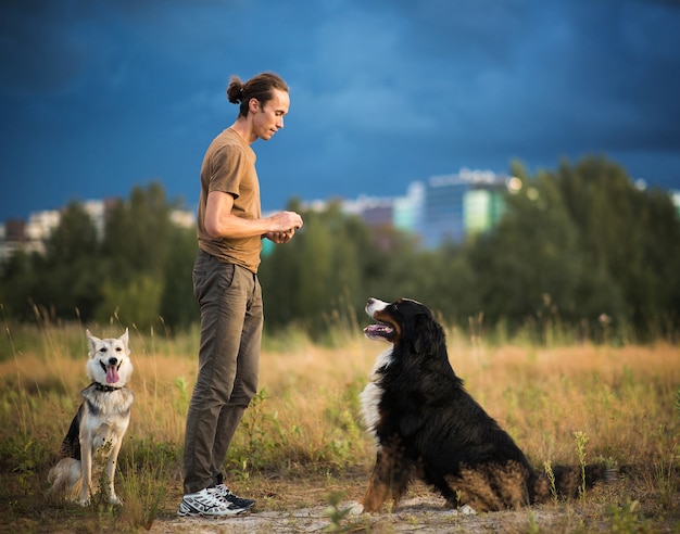 Vista lateral de un joven hombre caucásico con estilo entrenando dos perros