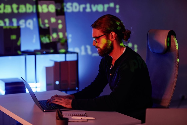 Foto vista lateral de un joven hombre de negocios serio escribiendo en el teclado de una computadora portátil mientras trabaja horas extras en la noche en la oficina