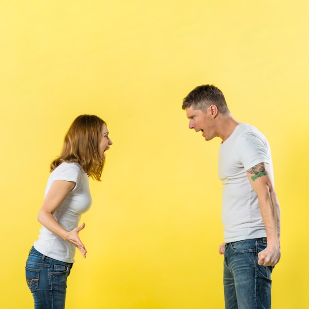 Foto vista lateral de la joven pareja regañándose el uno al otro contra el fondo amarillo