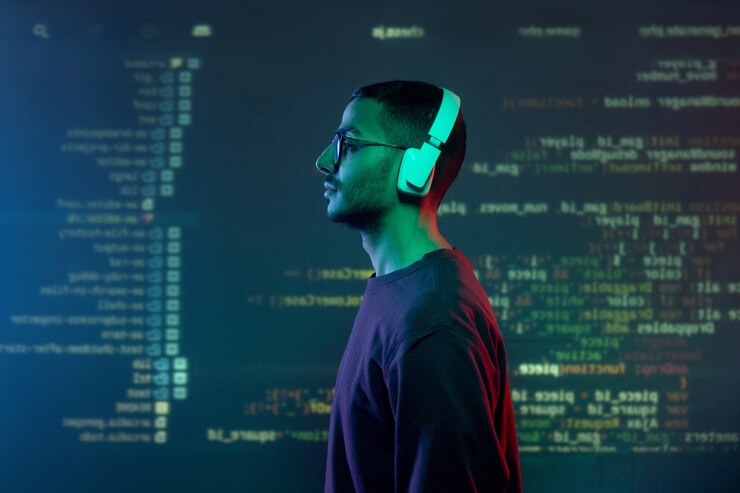 Foto vista lateral del joven programador en auriculares y ropa informal de pie contra la pantalla con información decodificada