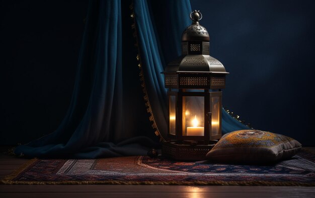 Vista lateral de la linterna de Ramadán con alfombra de oración en linternas de piso oscuro en un fondo aislado