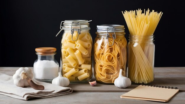 Foto vista lateral de macarrones como bucatini y espagueti en frascos con sal ajo ajo triturador de tela y