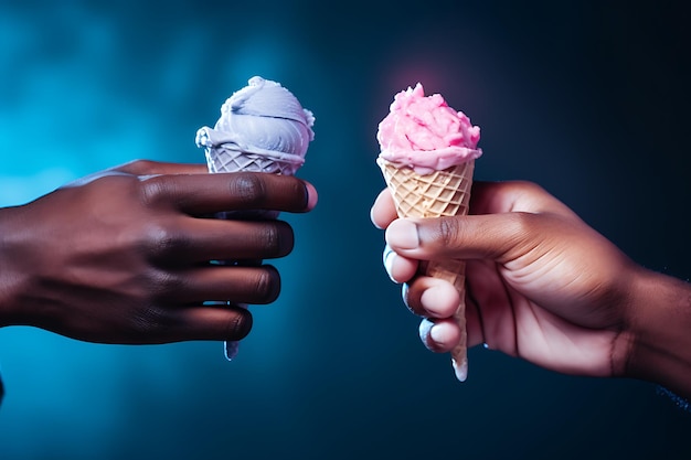 Foto vista lateral de las manos sosteniendo el helado