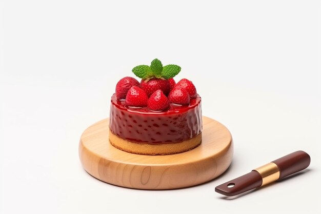 Vista lateral de mermelada de fresa y pastel con fresa fresca en un cuenco de madera y cuchillo en blanco