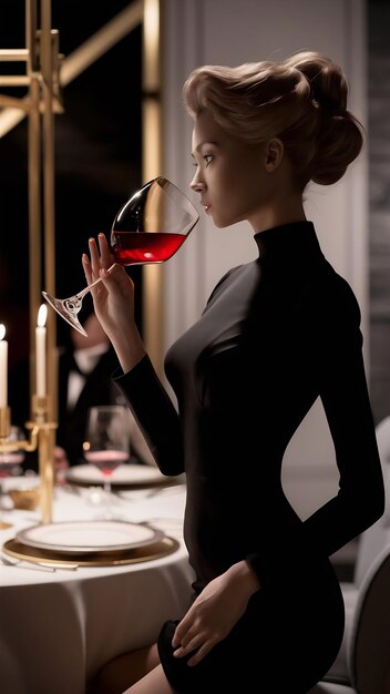 Foto vista lateral una mujer bebe un vaso de vino tinto