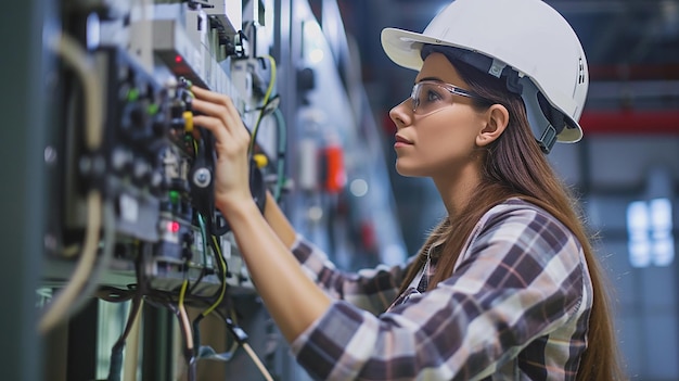 Foto vista lateral de la mujer electricista que instala el sistema de centralita eléctrica profesional en el proceso de trabajo