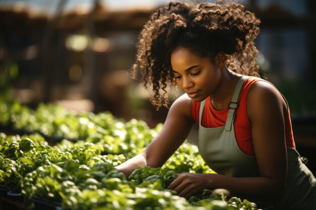 Vista lateral de una mujer feliz un jardinero está cultivando lechuga en un invernadero