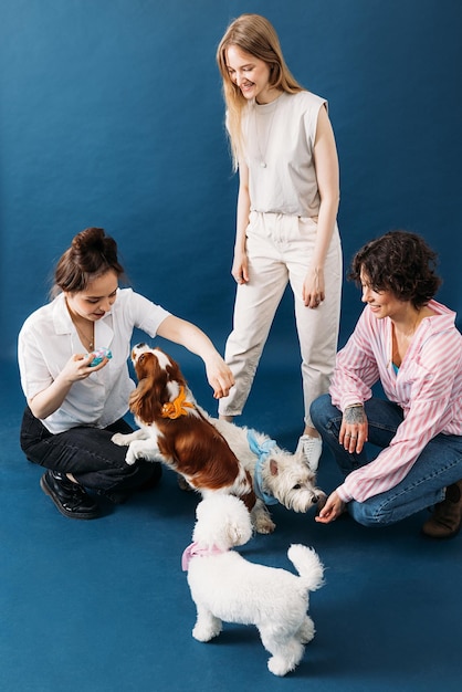 Foto vista lateral de una mujer joven con un perro en el campo