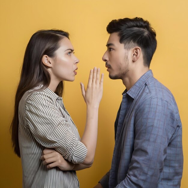 Foto vista lateral de una mujer joven regañando a su novio contra un fondo amarillo