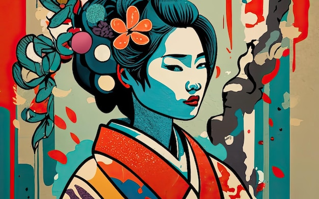 vista lateral de una mujer en kimono en un fondo de graffiti con IA generativa