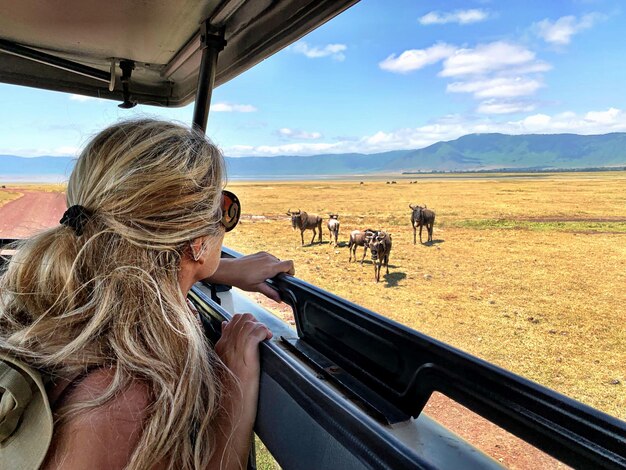 Foto vista lateral de una mujer mirando a un gnu