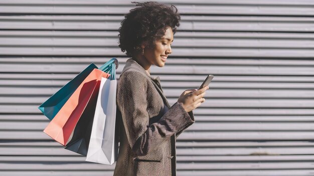 Foto vista lateral de una mujer sosteniendo un teléfono inteligente y bolsas de compras para el lunes cibernético con espacio para copiar