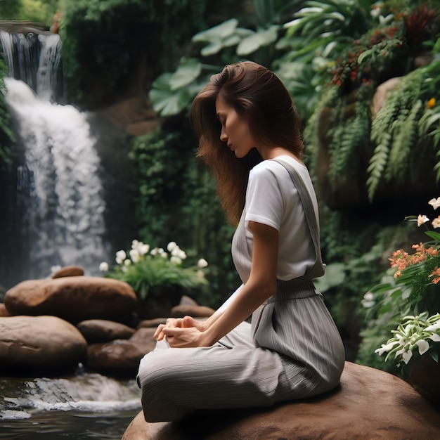 Foto vista lateral mulher meditando na natureza