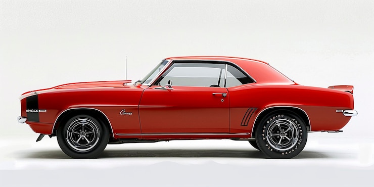 Foto vista lateral de un muscle car americano rojo con fondo blanco