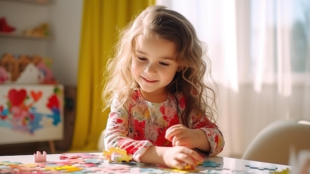 Vista lateral de una niña concentrada jugando con rompecabezas en casa Diseño ai